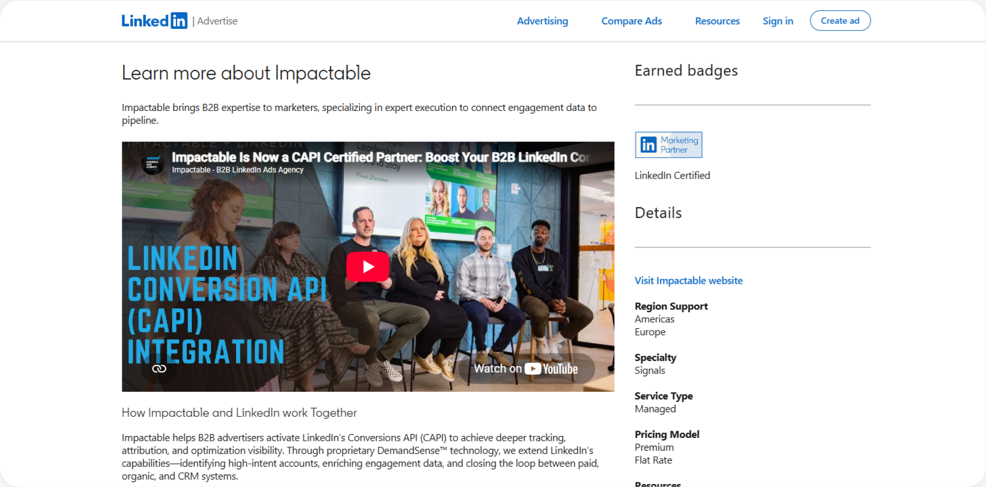 Impactable's official LinkedIn Marketing Partner listing with CAPI specialty