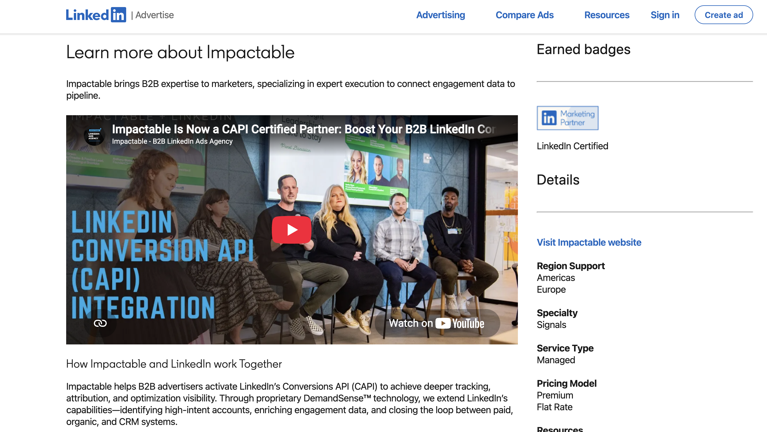 Impactable's official LinkedIn Marketing Partner listing: LinkedIn Certified, with a Signals specialty for Conversions API (CAPI) implementation