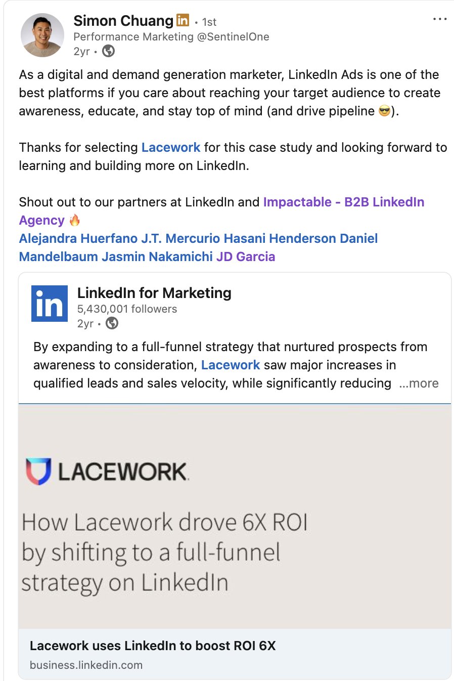 Lacework's Simon Chuang crediting Impactable by name in a LinkedIn post about the case study