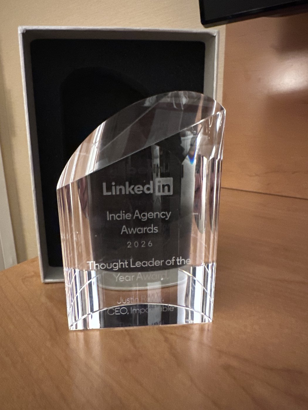 LinkedIn Indie Agency Awards 2026 Thought Leader of the Year trophy, engraved for Impactable's founder