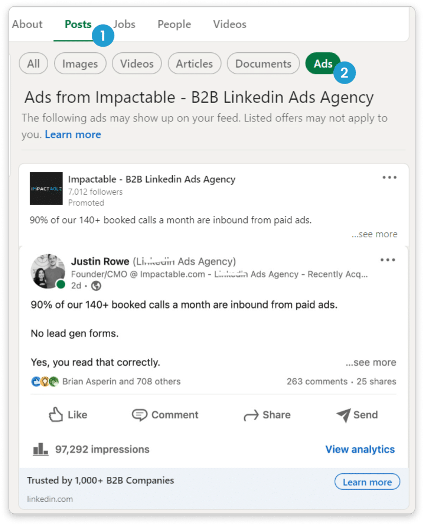 how to find what LinkedIn ads the company runs