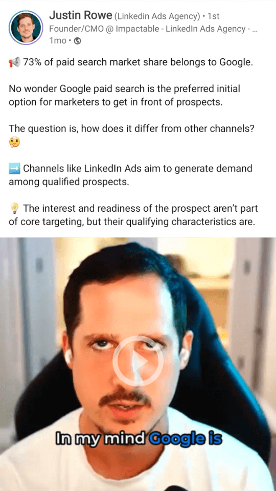 Justin Rowe's Linkedin post about Linkedin demand generation content creation