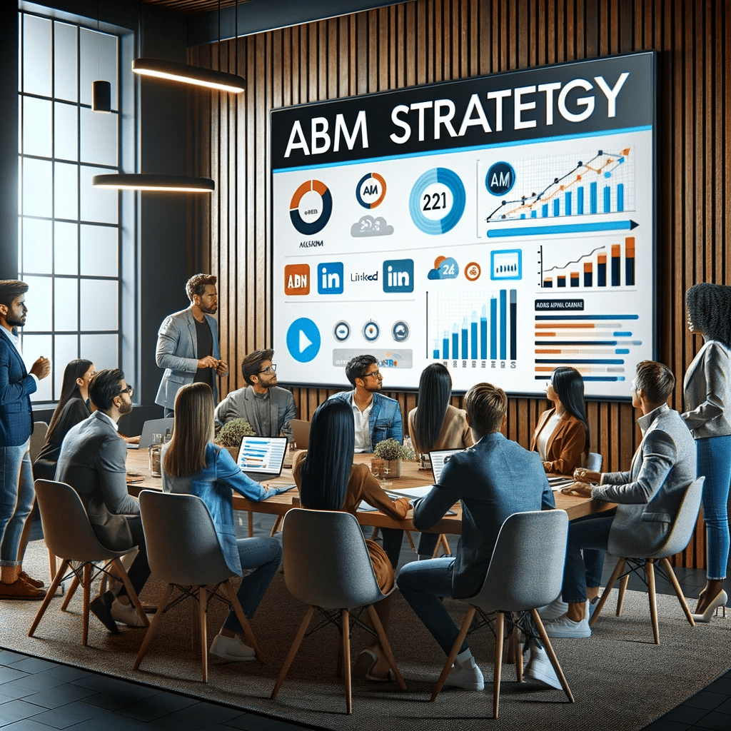 Team of Marketers Analyzing ABM Strategy: An image showcasing a diverse group of marketing professionals in a modern office setting. They are gathered around a large digital screen, actively engaged in analyzing and discussing an ABM strategy chart. This represents the collaborative effort and strategic planning involved in ABM and LinkedIn ads.