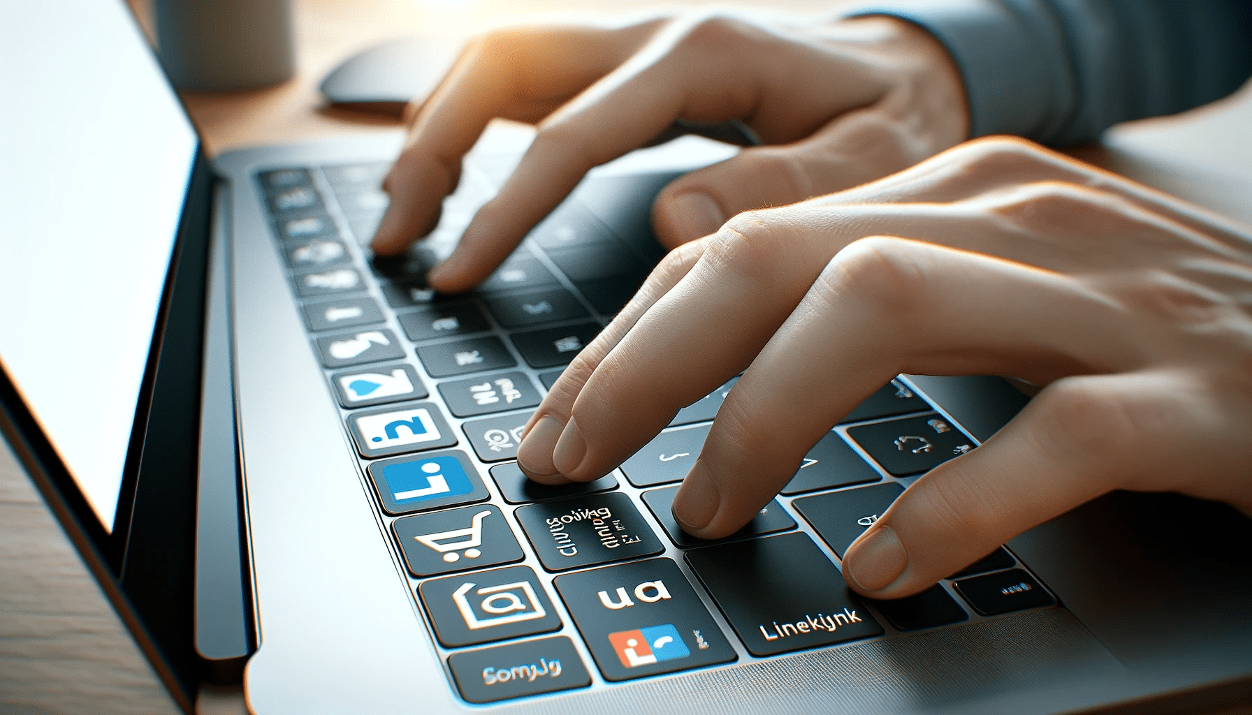 Hands typing on a laptop keyboard with LinkedIn and Google Analytics logo stickers on keys, setting up UTM tracking tags.