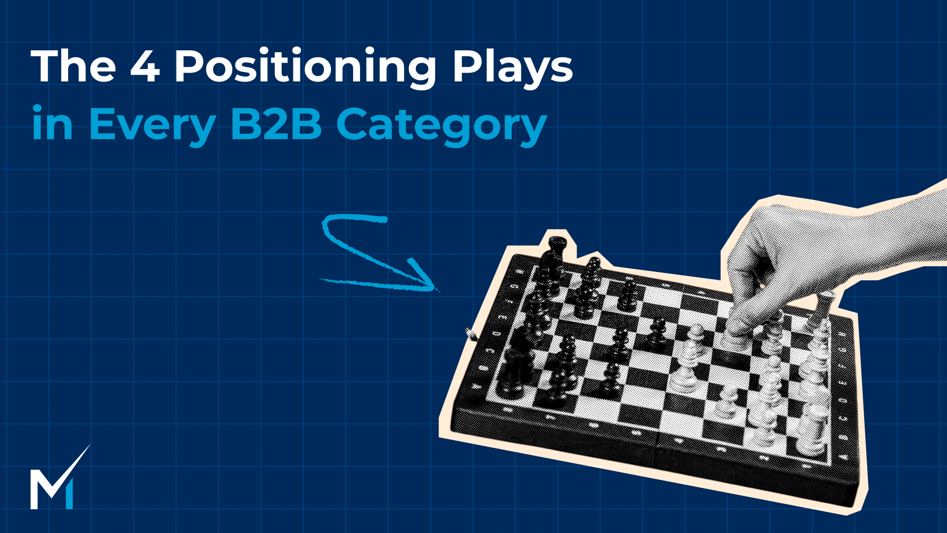 Halftone illustration of a hand moving a piece on a chessboard, representing the four B2B positioning plays